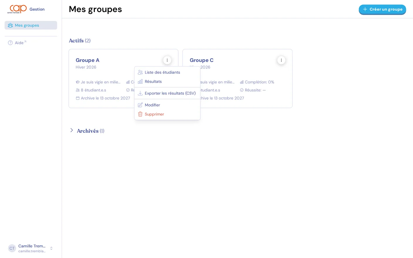 Le menu d'actions d'une carte de groupe, ouvert sur ses options