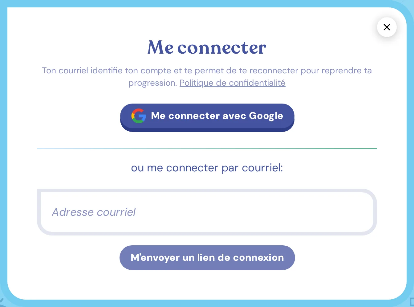La fenêtre de connexion, avec le champ d'adresse courriel et le bouton d'envoi du lien
