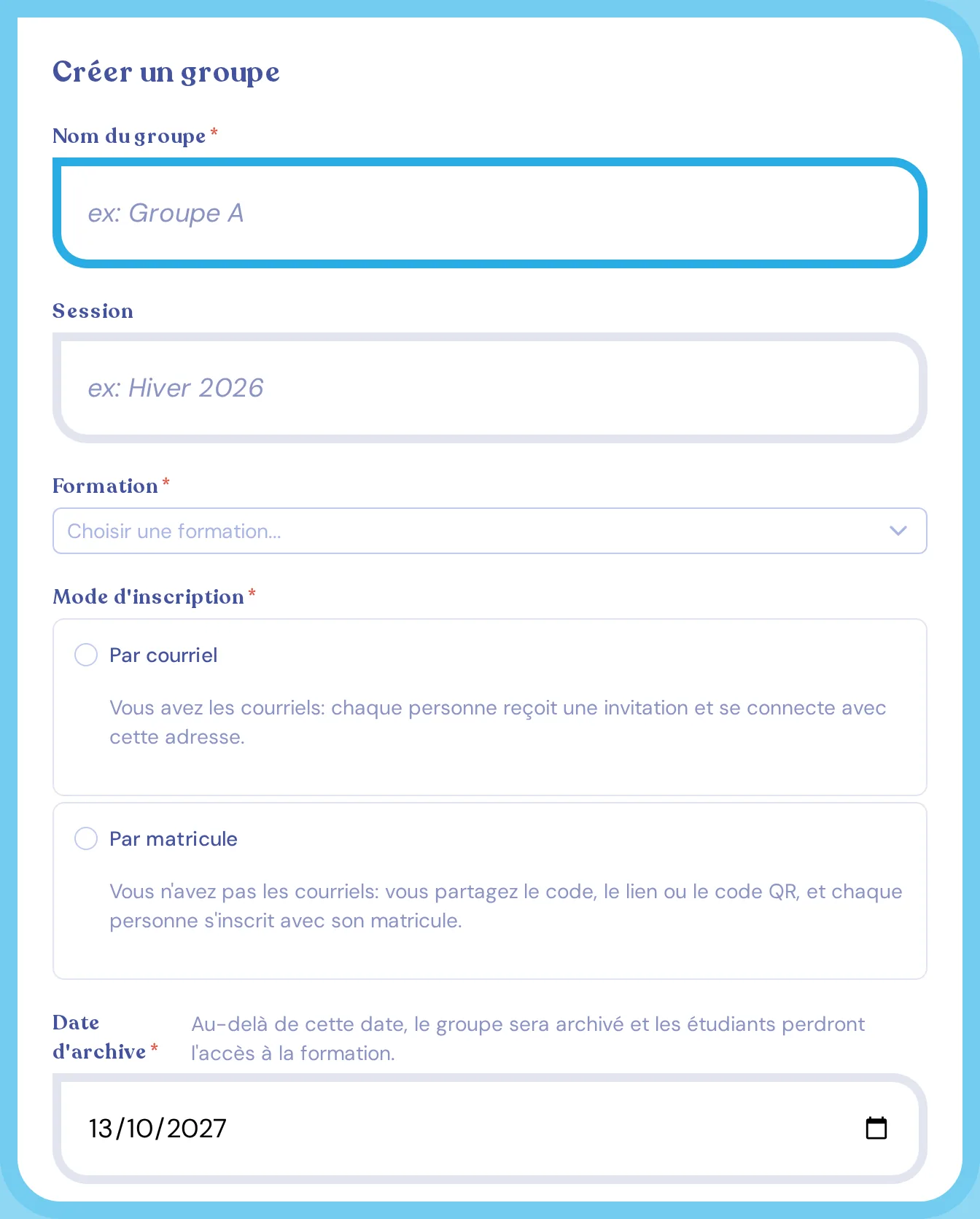 La fenêtre de création d'un groupe et ses champs, dont la langue et la date d'archive