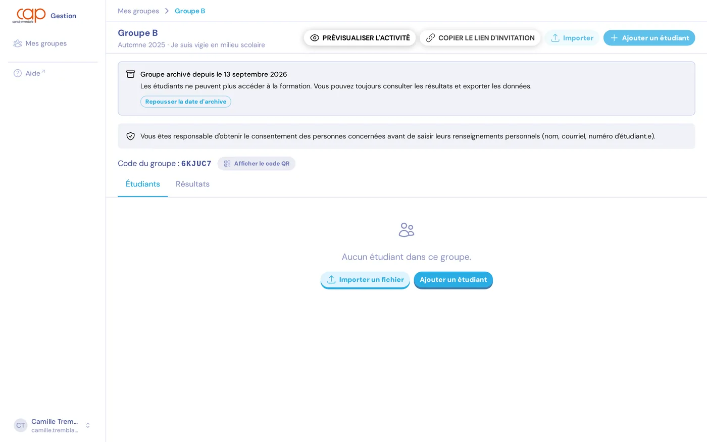 La page d'un groupe archivé, avec son bandeau et le bouton pour repousser la date d'archive