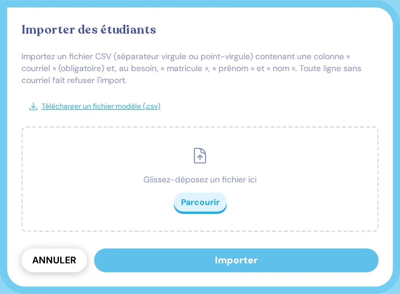 La fenêtre d'import, avec le lien vers le fichier modèle et la zone de dépôt
