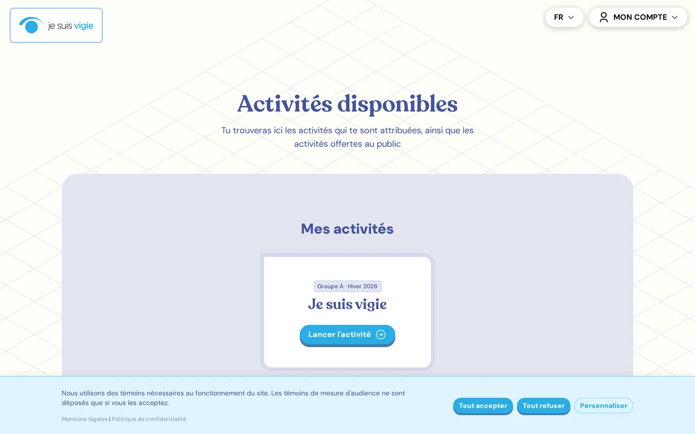 La page des activités vue par un.e étudiant.e, avec l'activité de son groupe