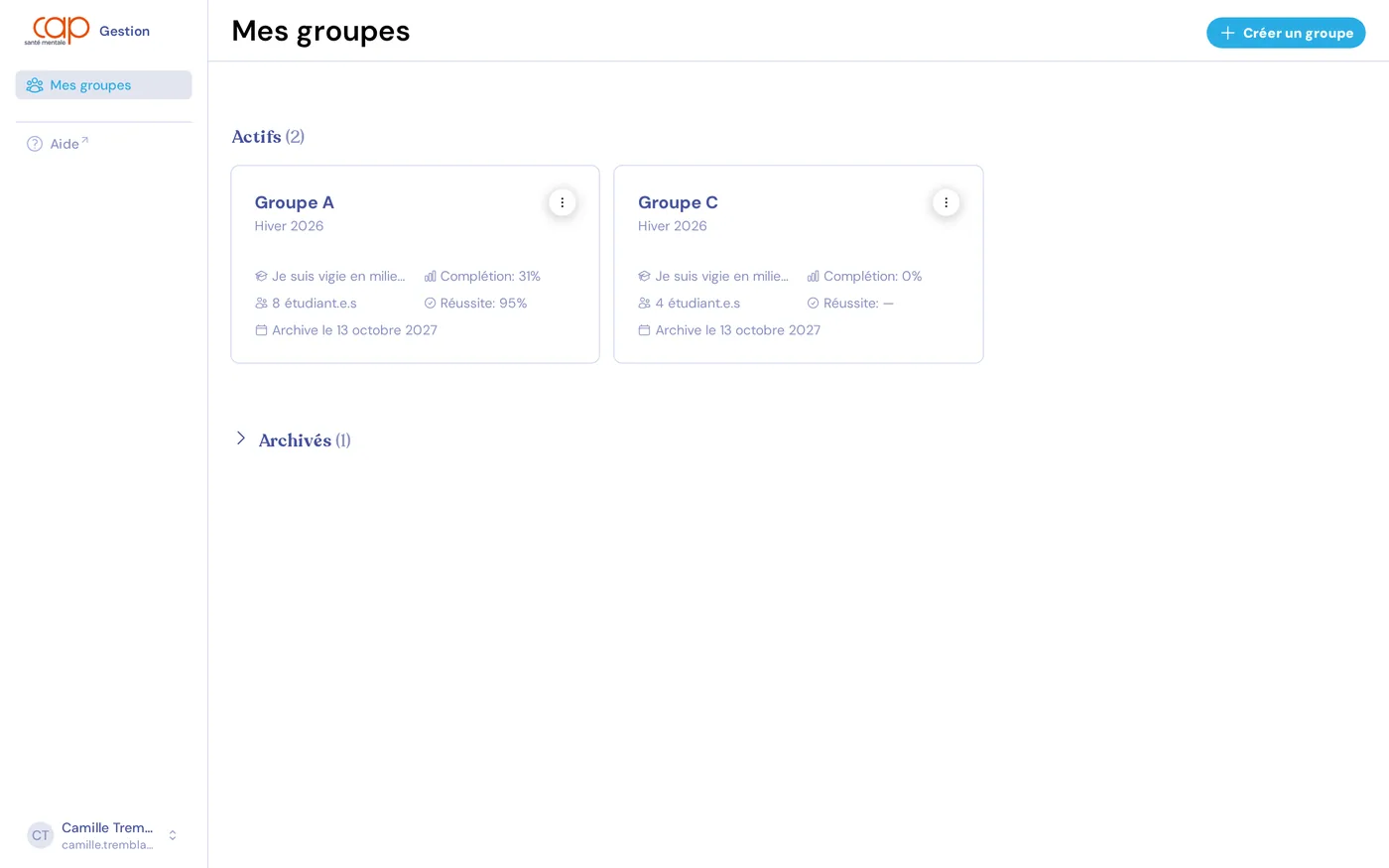 La page « Mes groupes » de l'interface de gestion, avec le menu de gauche et un groupe actif